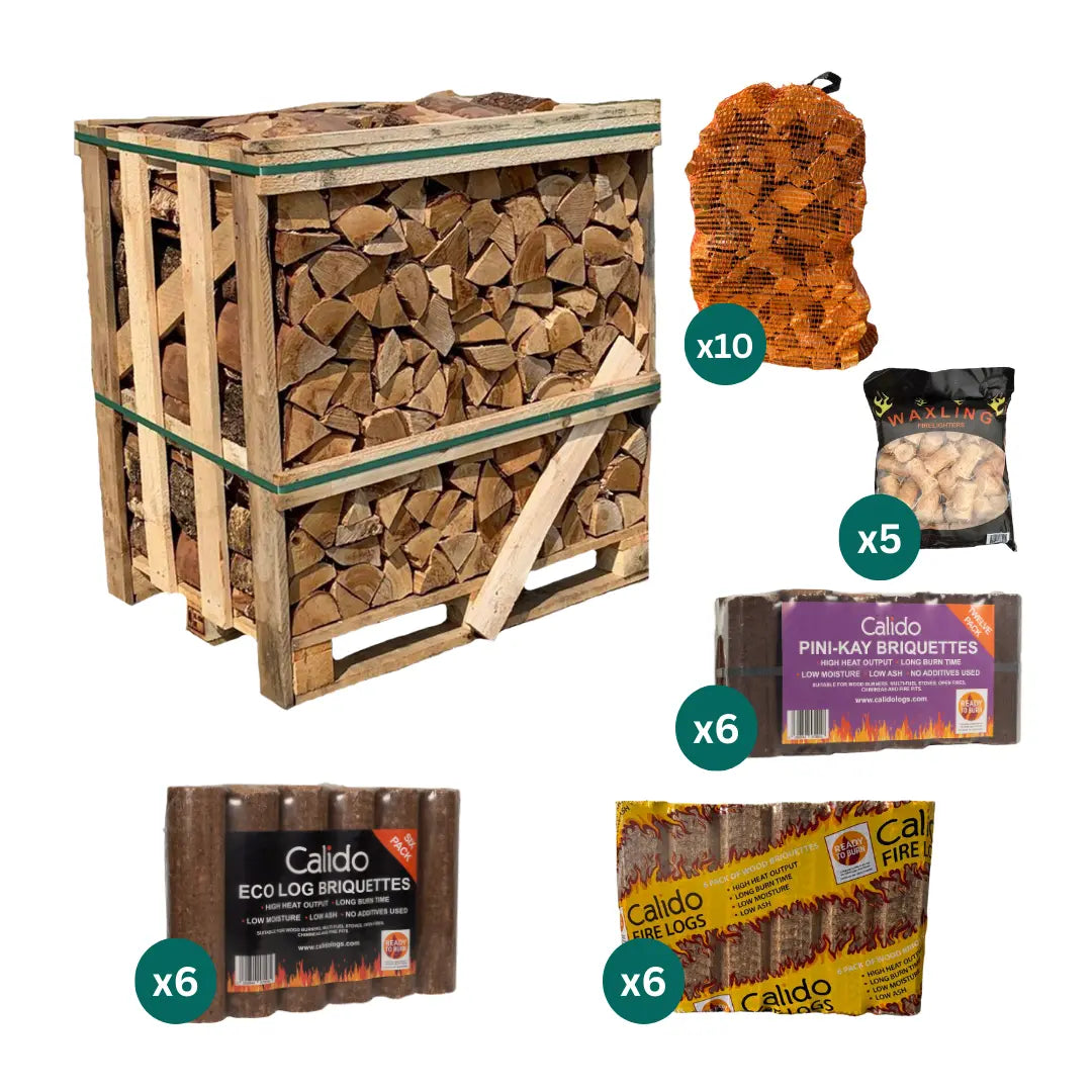 Wooden crate of firewood with Calido branded products on a white background