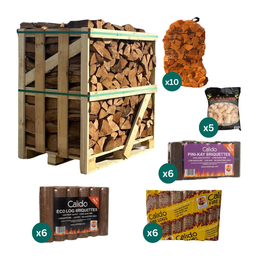 Stack of firewood in a wooden crate with Calido branded firewood products on a white background.