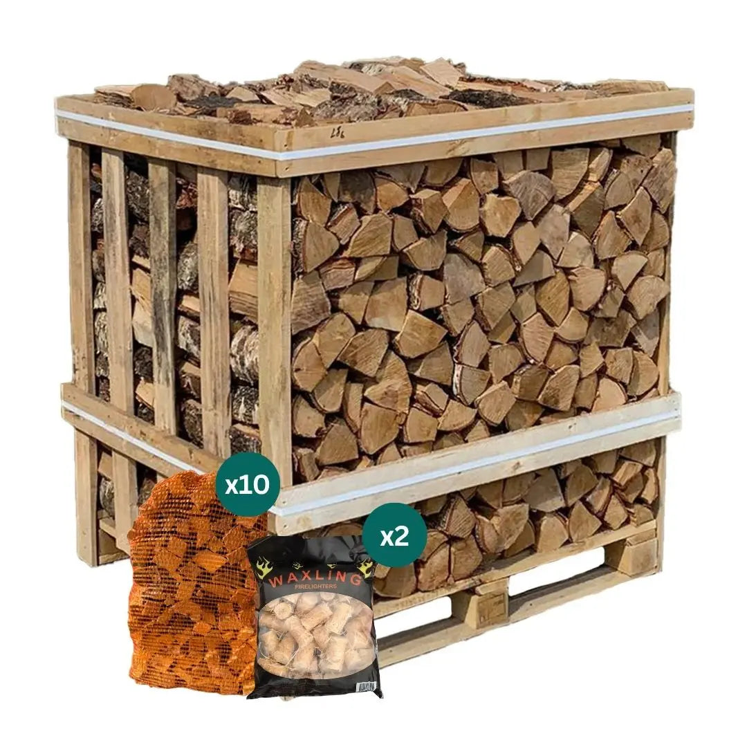 large crate of kiln dried birch, ash or oak logs plus kindling and firelighters