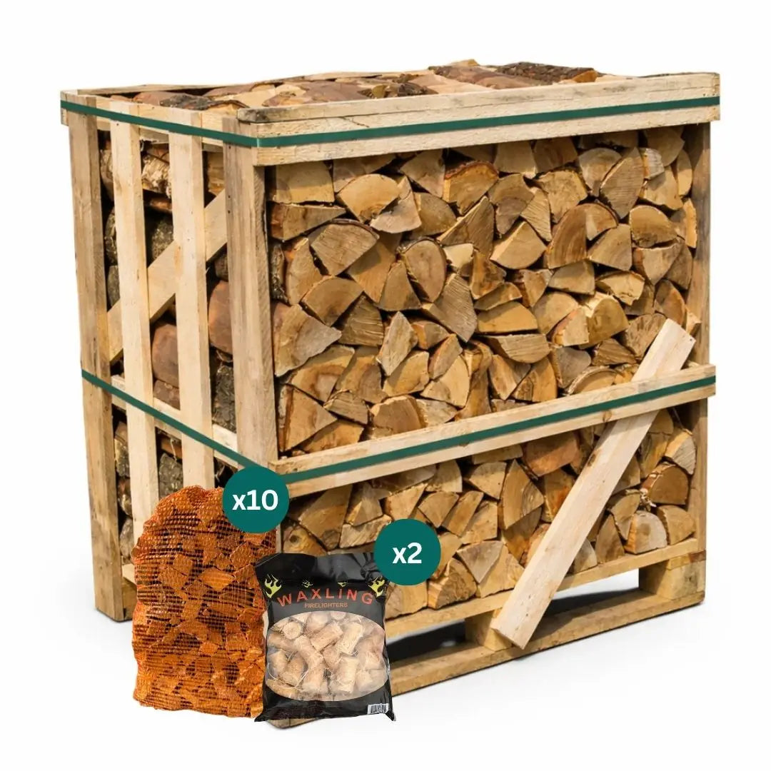 Standard crate of kiln dried birch, ash or oak logs with kindling and firelighters